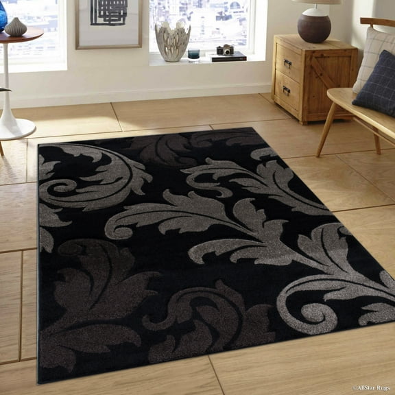 Black Allstar Brown Floral Design Modern Geometric Area Rug (5' 2" x 7' 2")