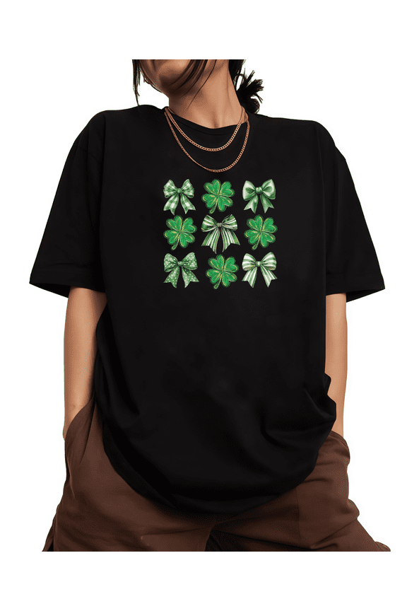 Black Alternating Bow Clover Print Tshirt Graphic Tees Shirts St Patricks Day Casual Daily Wear Stylish Trendy Tops S-5XL