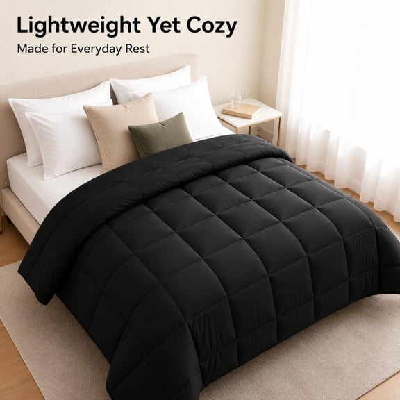 Black Down Alternative Comforter, 450g filling, 100% Polyester Ultra Soft Satin Brushed Duvet Insert, Hypoallergenic Box Stitched Bed Comforter for All Season, Machine Washable