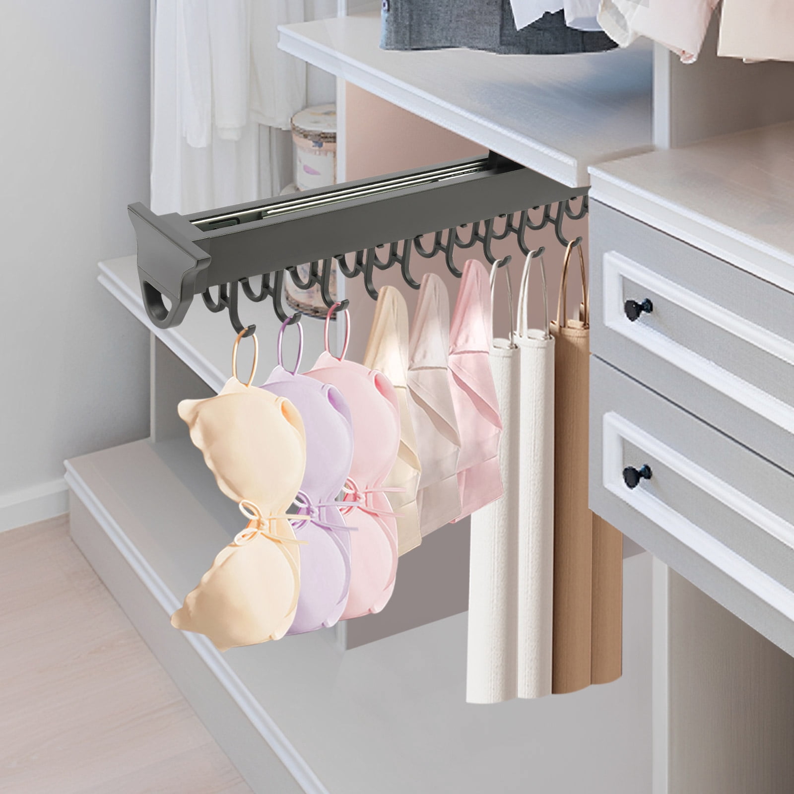 Telescopic Storage Rack Black Aluminum Alloy 56cm Wall Storage Rack 20 Hook Damping Slide ...
