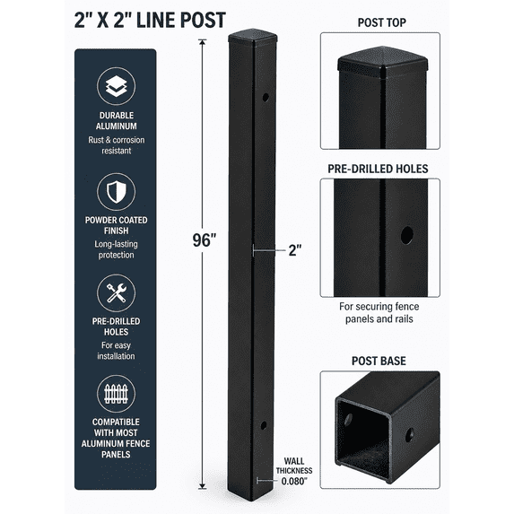 Black Aluminum Fence Line Post – 2” x 8 ft Powder-Coated Metal Post for ...