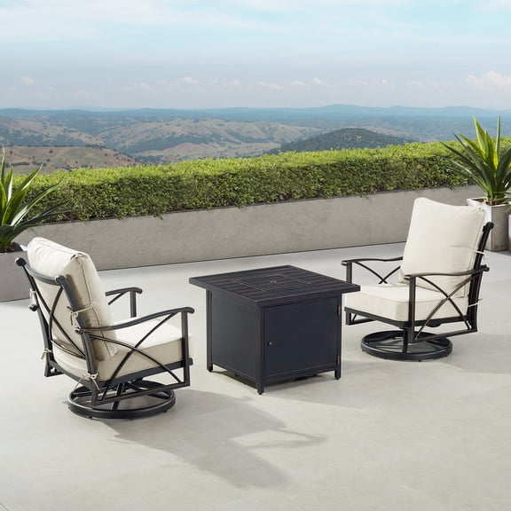 Black Aluminum Fire Table Bistro Set with Two Club Chairs