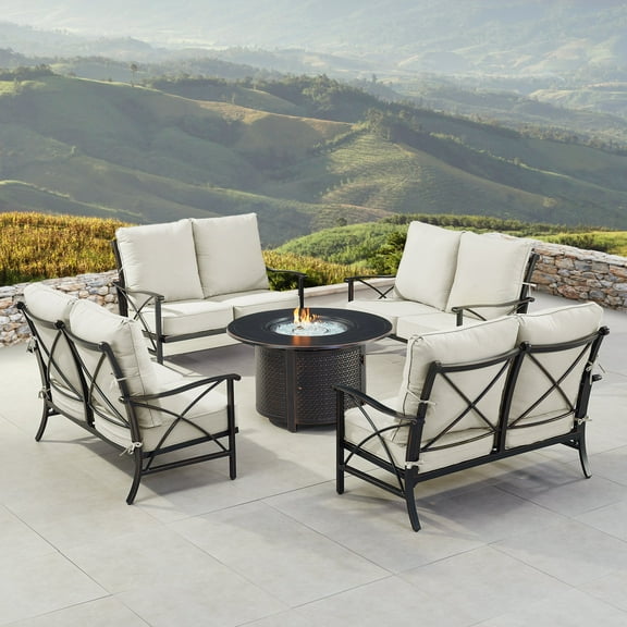 Black Aluminum Fire Table Set with Four Deep Seating Loveseat with Cushions