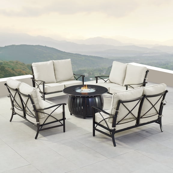 Black Aluminum Fire Table Set with Four Deep Seating Loveseat with Cushions