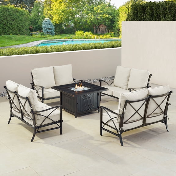 Black Aluminum Fire Table Set with Four Deep Seating Loveseat with Cushions