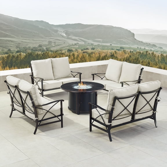 Black Aluminum Fire Table Set with Four Deep Seating Loveseat with Cushions