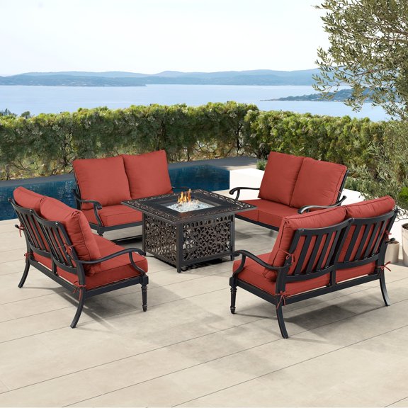 Black Aluminum Fire Table Set with Four Deep Seating Loveseats