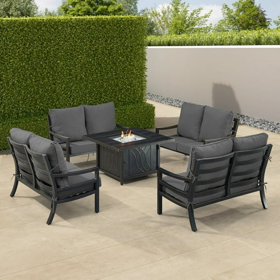 Black Aluminum Fire Table Set with Four Deep Seating Loveseats
