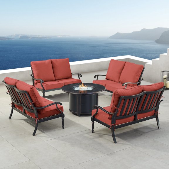 Black Aluminum Fire Table Set with Four Deep Seating Loveseats