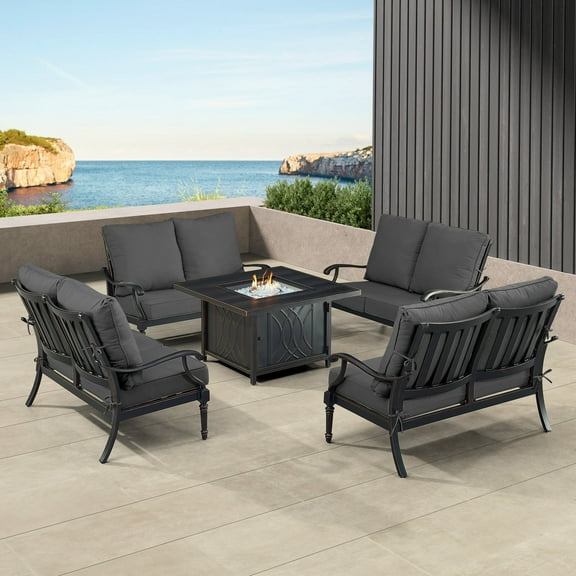 Black Aluminum Fire Table Set with Four Deep Seating Loveseats