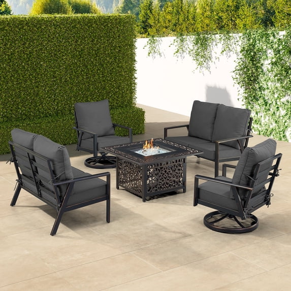 Black Aluminum Fire Table Set with Two Deep Seating Loveseat with Cushions and Two Club Chairs