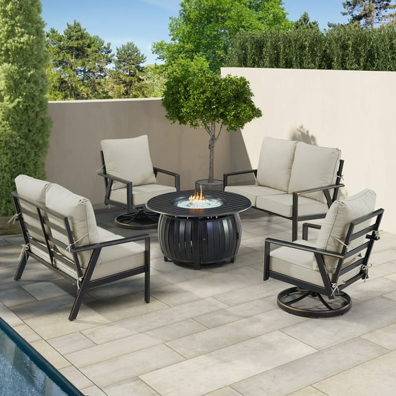 Black Aluminum Fire Table Set with Two Deep Seating Loveseat with Cushions and Two Club Chairs