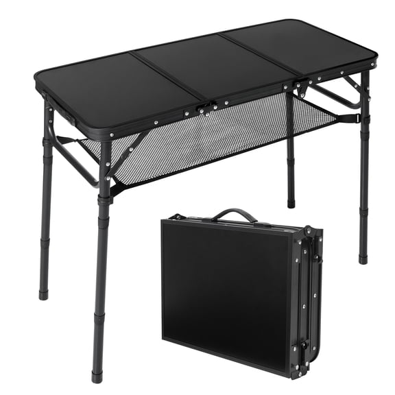 Black Aluminum Folding Camping Table 3 Adjustable Heights Multi-Use Outdoor Indoor