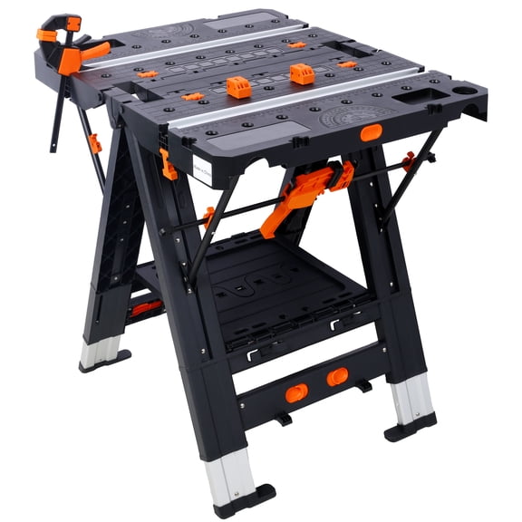 ECOBUY Folding Workbench Table 2-in-1 Sawhorse, Black Aluminum, 25.2x31.2x28.4 in, 500 lbs Capacity