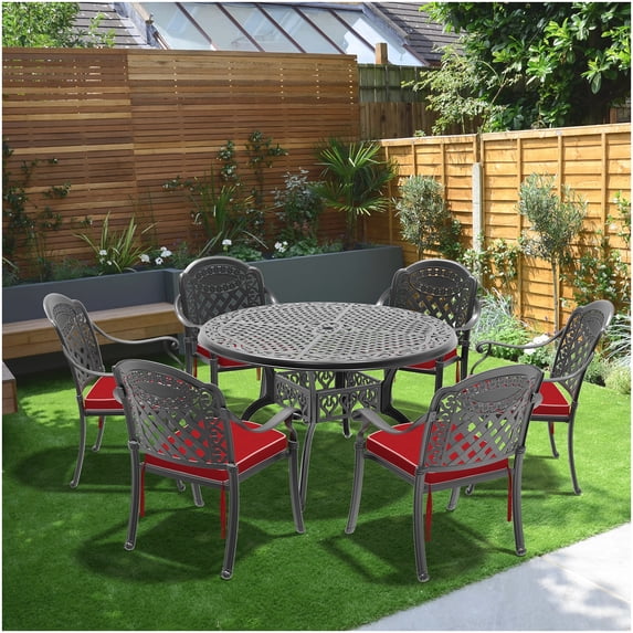 Black Aluminum Outdoor Dining Set, 7-PC with Red Cushions, Round Table and Stackable Chairs