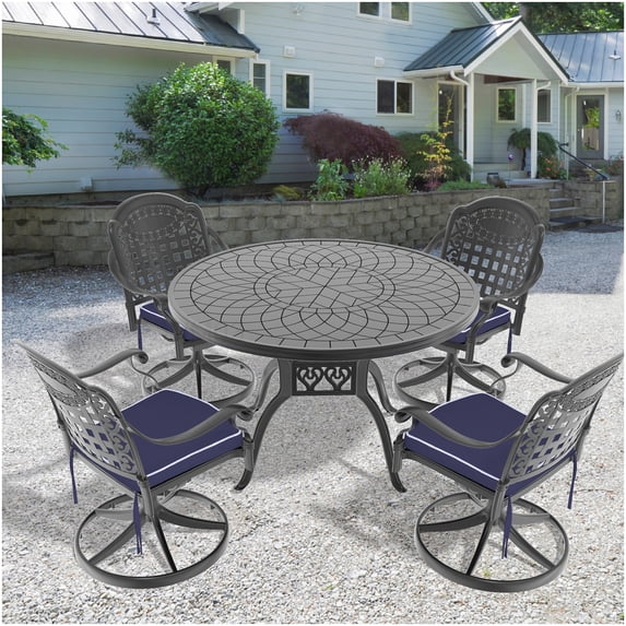 Black Aluminum Outdoor Dining Set with 360 Swivel Chairs, 5-PC Round Table Set for Patio Garden