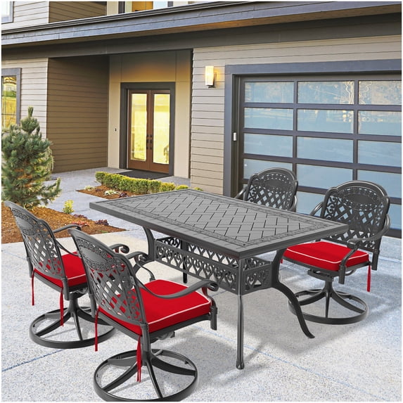 Black Aluminum Outdoor Dining Set with 4 Swivel Chairs and Rectangular Table, 5-Piece