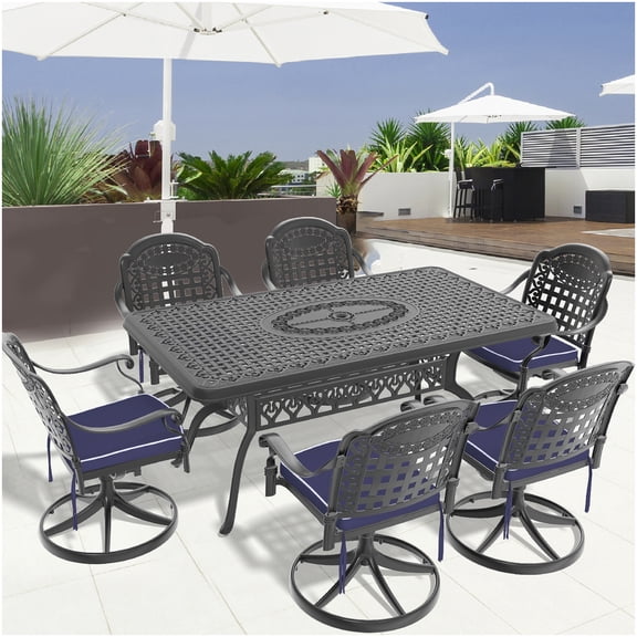 Black Aluminum Outdoor Dining Set with 6 Swivel Chairs, 7-PC All-Weather Patio Table Set for Porch or Backyard
