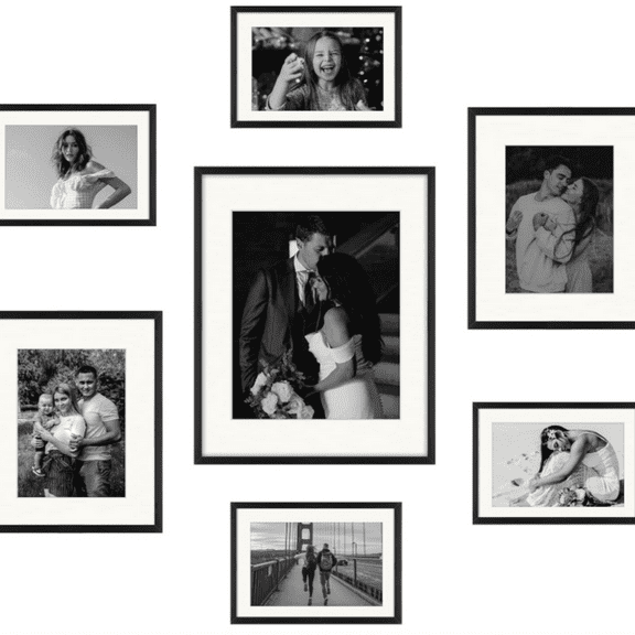 Black Aluminum Picture Frame with Removable Mat - Set of 7 Includes Four 5x7, Two 8x10, One 11x14 - Real Glass Front - Simple Gallery Wall Frames for Art Prints and Posters