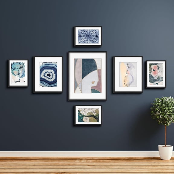, Black Aluminum Picture Frame with Removable Mat - Set of 7 Includes Four 5x7, Two 8x10, One 11x14 - Real Glass Front - Simple Gallery Wall Frames for Art Prints and Posters