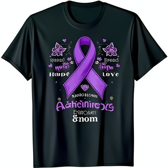 Black Alzheimer's Awareness T-Shirt with Ribbon Flowers & Hearts Spread Hope & Love