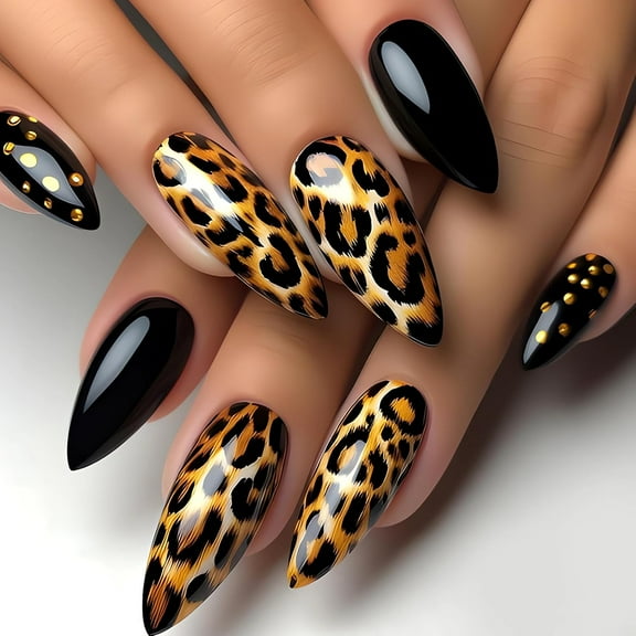 Black Amber Press on Nails Almond Fake Nails Medium Length Gold Foil Glue on Nails with Designs False Nail Tips Exquisite Almond Shape Stick on Nails Medium Artificial Nails for Women 24Pcs 2 style6