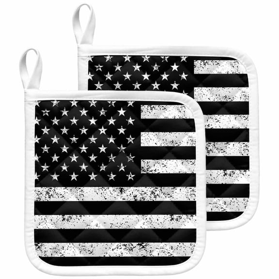 Black American Flag Pot Holders for Kitchen Heatproof Potholder, 2 Pack Vintage USA Flag Hot Pads Multipurpose Oven Pads Cloth Potholders Trivet for Cooking and Baking