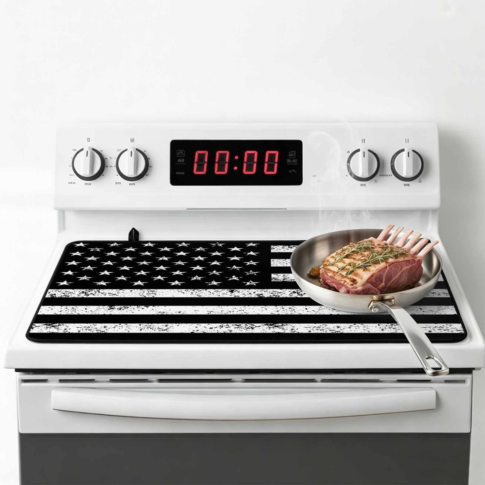 Black American Flag Stove Top Cover for Electric Stove, Heat-proof & Non Slip Glass Top Stove Cover Protector, Vintage USA Flag Kitchen Flat Cooktop Rubber Mat 24x21 Inches