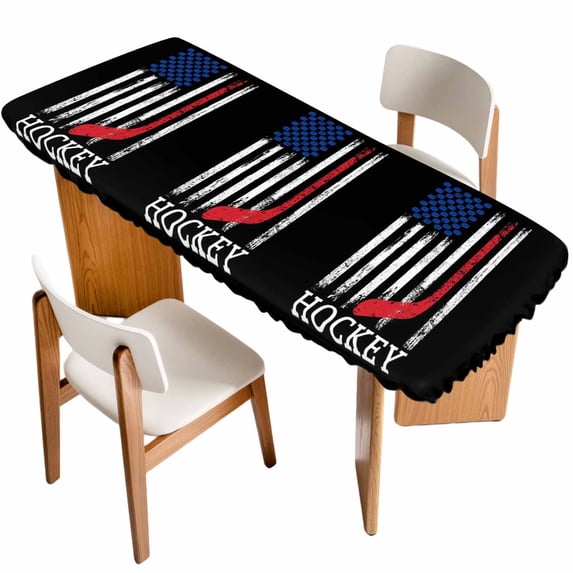 Black American Flag Table Cloths for 8 Foot Rectangle Tables, Abstract Red Hockey Stripes Us Flag Patio Waterproof Elastic Fitted Tablecloths, Washable Rectangular Table Cover for Camping