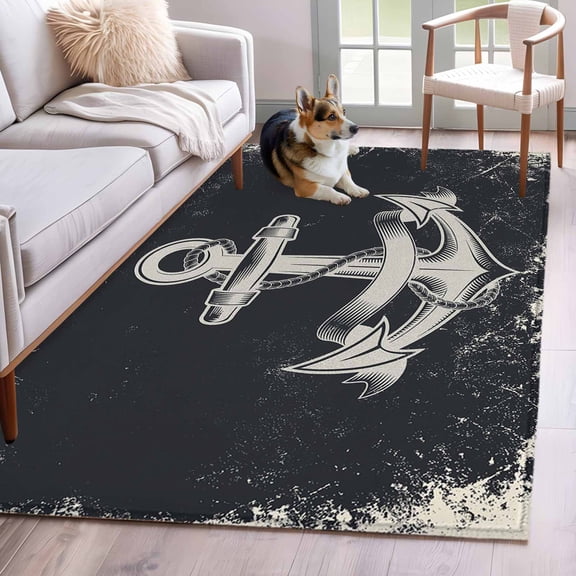 Black Anchor Area Rugs 4'x6', Washable Small Throw Rugs for Office Bathroom, Nautical Coastal Summer Vintage Ocean Indoor Outdoor Rug Non-Slip Low Pile Carpet Runner Reversible Floor Mats