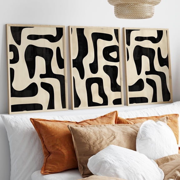 Black And Beige Abstract Lines 3 Piece Set Poster Or Print Neutral Panoramic Wall Art Minimalist Abstract Shapes Boho Wall Decor, Stretched Canvas