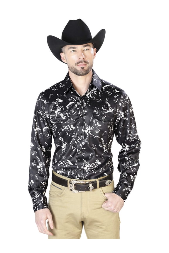 Men's Black/Beige Printed Long Sleeve Western Shirt 'El Se&ntilde;or de los Cielos' 43946