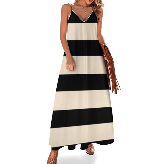 Black And Beige Horizontal Stripes Sleeveless Dress Women's Evening Dress Womans Clothing