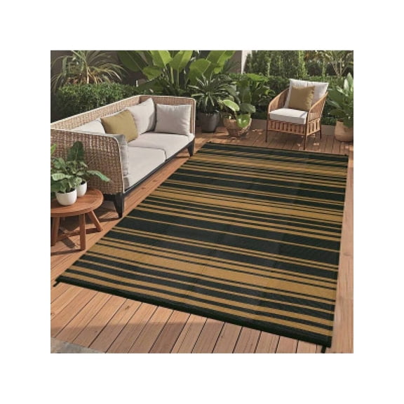Black And Brown Striped Outdoor Rug 9x18ft (274x549cm) Waterproof Reversible Plastic Mat For Patio Deck Balcony