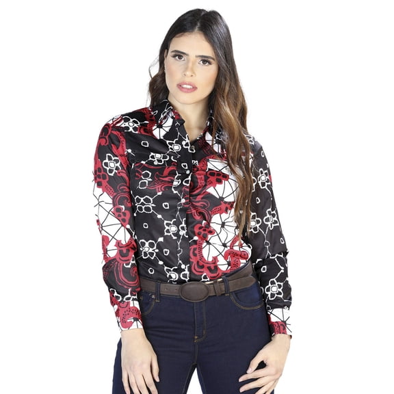 Women's Burgundy/Black Floral Print Long Sleeve Shirt 'El Señor de los Cielos' 44078