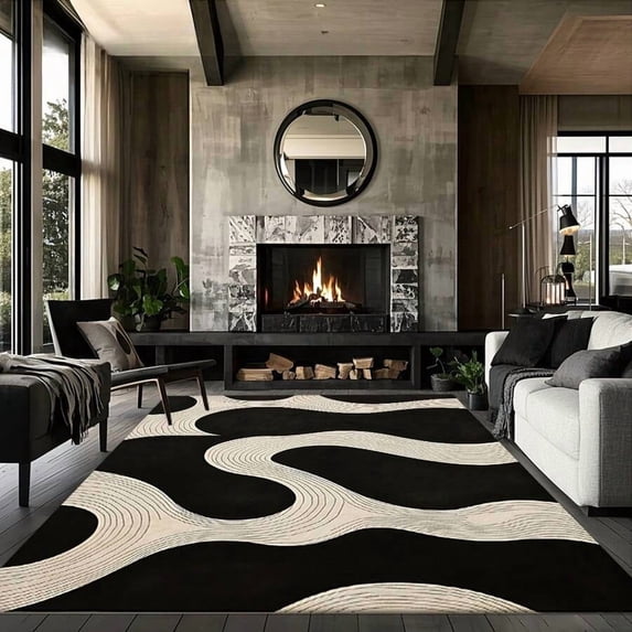 Black And Cream Abstract Wave Pattern Area Rug
