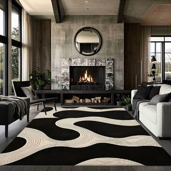 Black And Cream Abstract Wave Pattern Area Rug