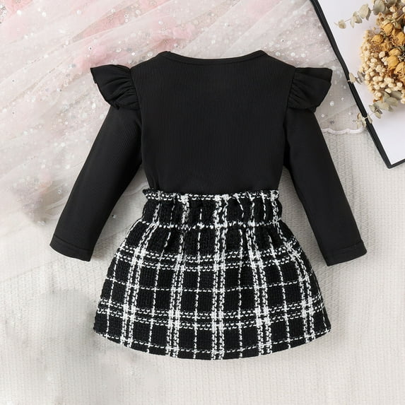 Children Clothes Round Neck Long Sleeve Ruffle Top + Bow Plaid Skirt Set (Suitable From 6 Months To 3 Years) Black 3Y