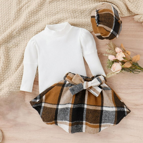 Children Clothes Turtleneck Top Plaid Skirt Hat College Style Suit Two Piece Suitable For 9 Months ~ 4 Years Old White 80