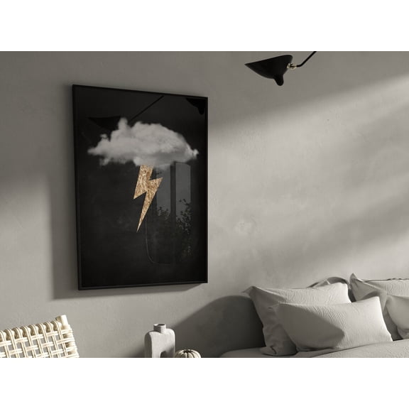 Black And Gold Cloud Lightning Bolt Abstract Art Minimalist Maximalist Poster, Living Room And Gallery Wall Decor
