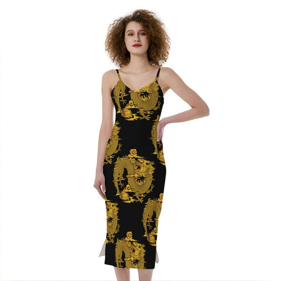 Black And Gold Dragon Pattern Print Slim Fit Midi Cami Dress, Dragons Fashion Summer Maxi Sexy Casual Dress For Women