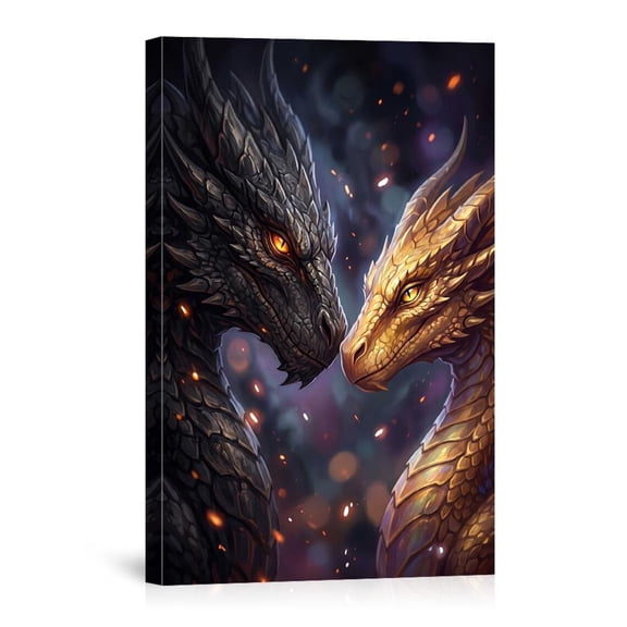 Black And Gold Dragons Fantasy Dragon Couple For Living Room Bedroom Home Canvas