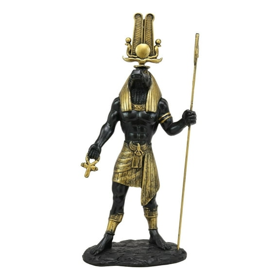 Black And Gold Egyptian God Sobek With Crocodile Head Atef Crown And Ankh Statue
