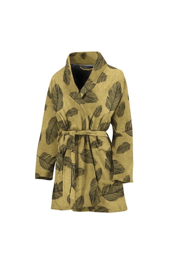 Black And Gold Feather Pattern Women Bathrobe One Size Univeral Fits Fashion Lightweight Plush Fleece Long Robe For Women