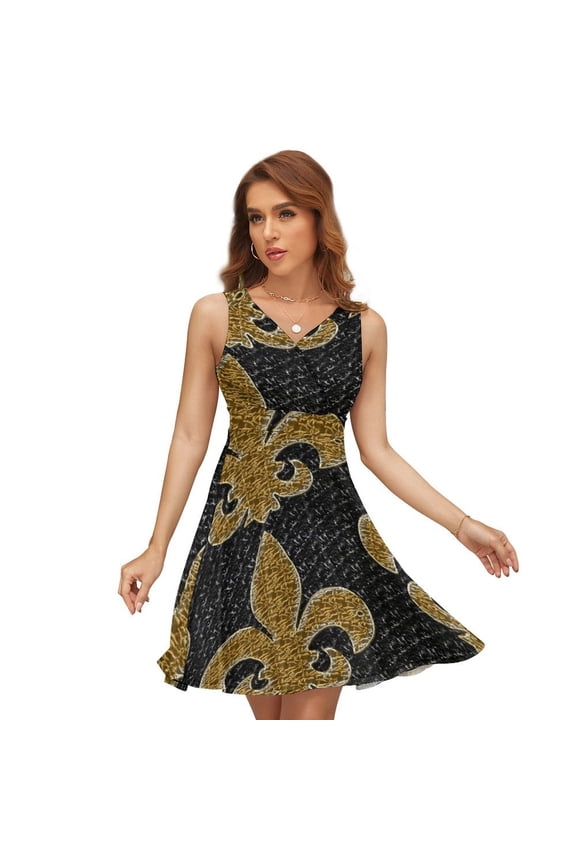 Black And Gold Fleur De Lis Dress Fashion Beach Long Dresses Female Party Printed Sundress