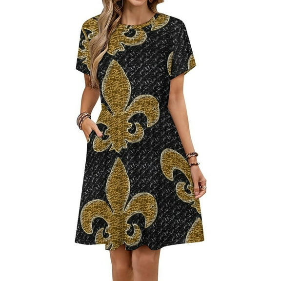 Black And Gold Fleur De Lis Dress Fashion Beach Short Sleeve Dresses Female Party Printed Sundress