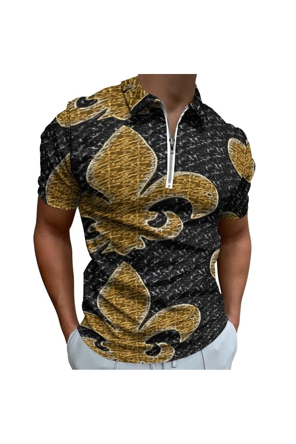 Black And Gold Fleur De Lis Men Zipper T-shirt Summer Casual Short Sleeve T-shirt Top