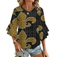 thumbnail image 1 of Black And Gold Fleur De Lis Women's V-Neck Blouse With 3/4 Ruffled Bell Sleeves Casual Top Ladies Blouses, 1 of 7