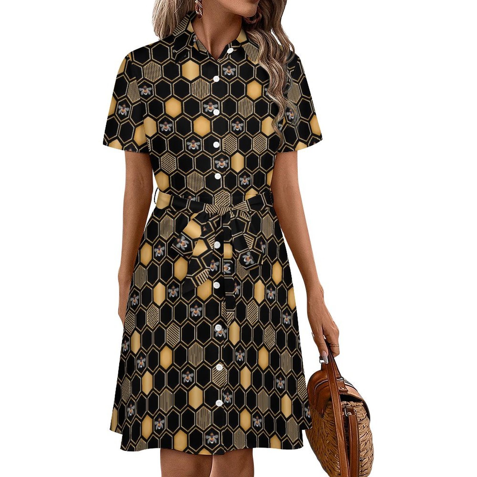 Golden Geometry Print Shirt Dress with Contrast Yellow Collar