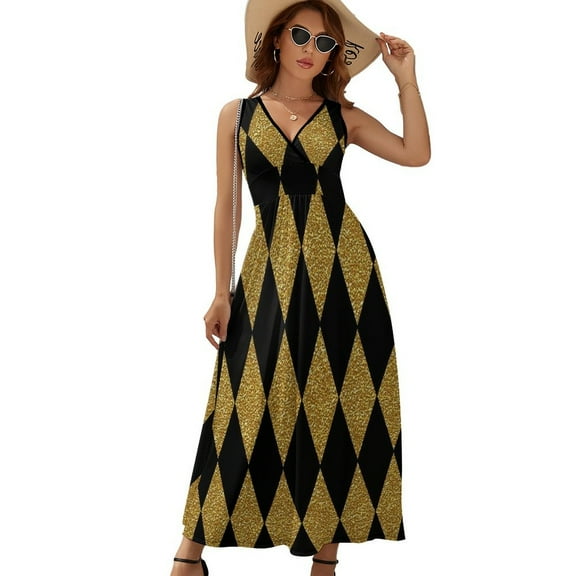 Black And Gold Harlequin Dress Fashion Boho Beach Long Dresses Female Party Printed Maxi Dress